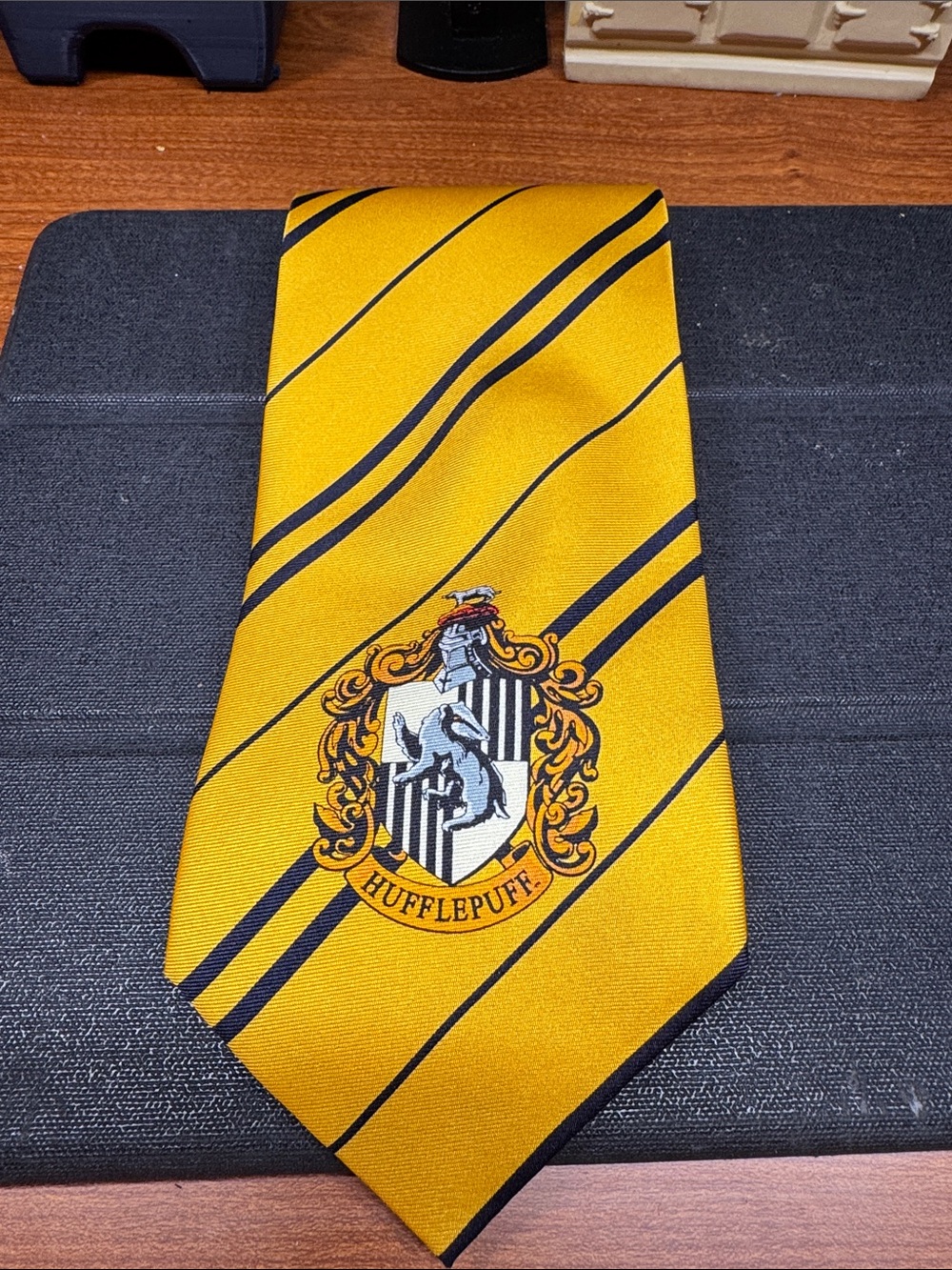 Warner Bros. Hufflepuff Crest Yellow and Black Stripe Tie